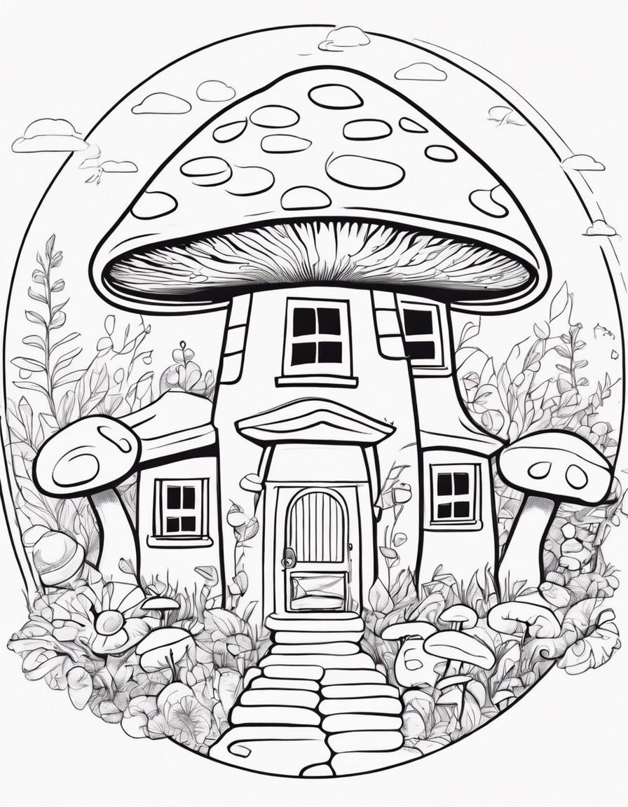 mushroom shaped house, cute coloring page