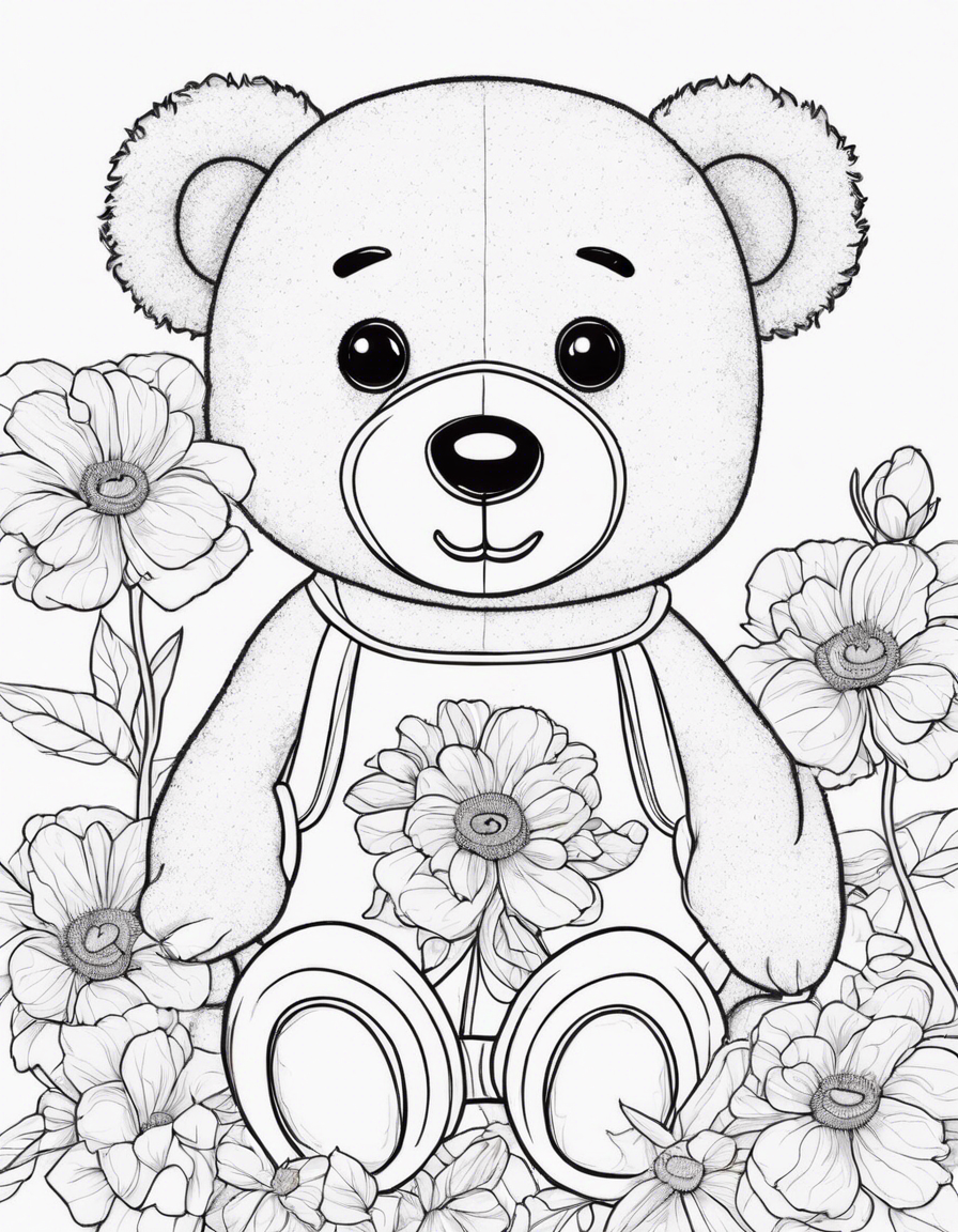 teddy bear holding flowers coloring page