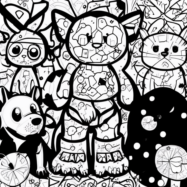 animais fofos em branco e preto com estilo Romero Britto coloring page