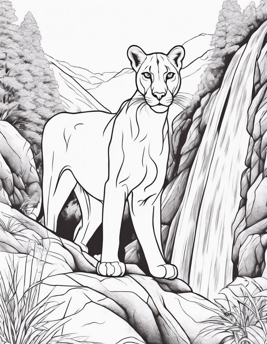 mountain lion with waterfall in background coloring page