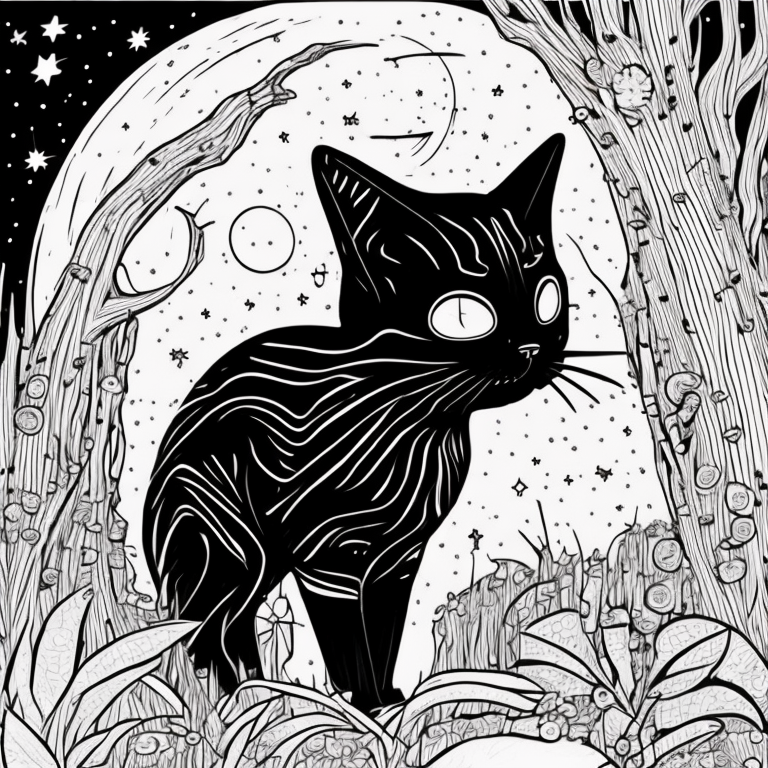 Design an adult coloring page portraying the shadow cat beneath a starlit sky within a mystical forest, where ancient trees stretch towards the heavens. Utilize a continuous line drawing style with simple lines, created for easy coloring while preserving a realistic appearance. Convey the enchantment of a cosmic connection and the wonder of nature's embrace through delicate details and a serene ambiance. Present the image in black and white against a white background, harmonizing with the prevailing aesthetic trends embraced on platforms like ArtStation. Ensure a clear focus and intricate composition, offering colorists an immersive and meditative coloring experience. coloring page