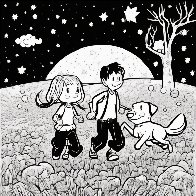 A boy, a girl, and a dog running through a field coloring page