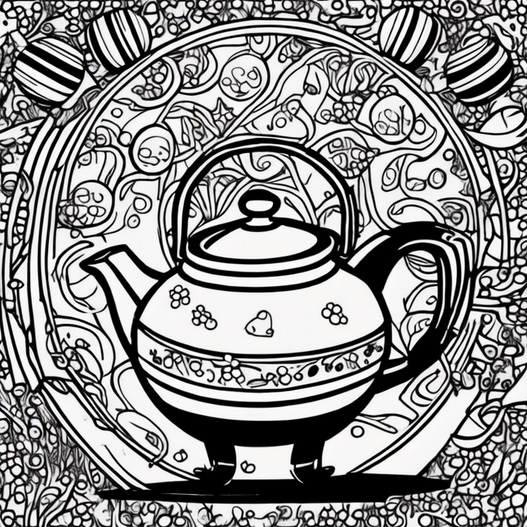 cute dancing teapot and plates on side coloring page