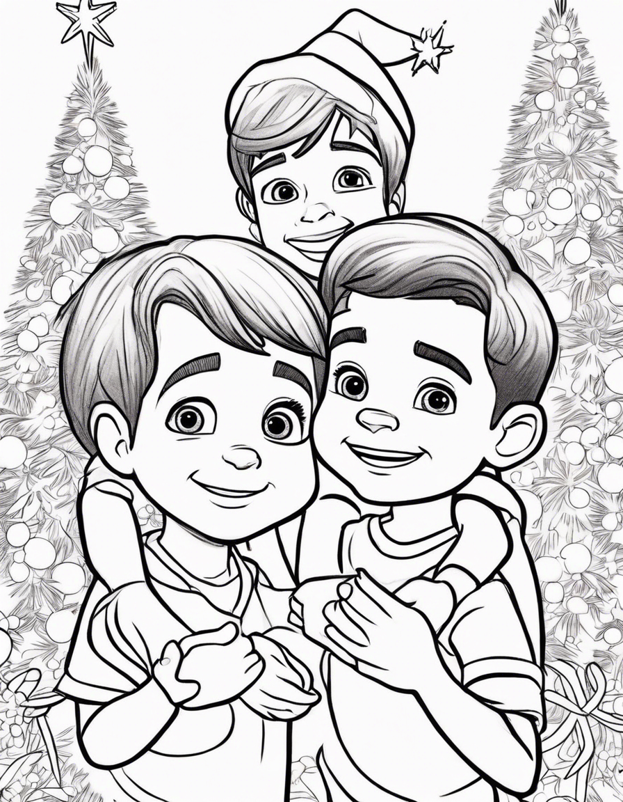 Disney Pixar inspired coloring page in black and white in the image create a light skinned boy age 6 with brown hair and brown eyes. He is hugging his 2 year old sister and 6 month old brother that have light skin and brown hair and brown eyes. Christmas theme in the background coloring page