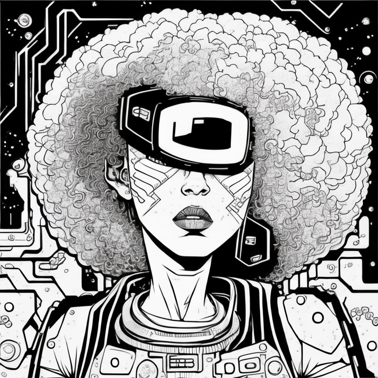 black girl with an afro in futuristic fashion and a blend of cyberpunk and retro elements