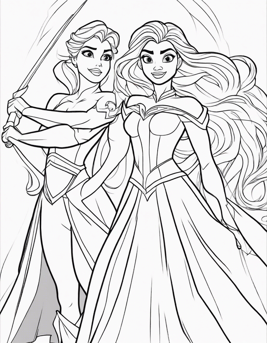 elsa and ariel as superheroes fighting  coloring page