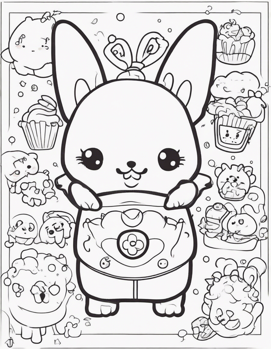 Cute kawaii characters in the style of a coloring book page, black and white --v4 coloring page