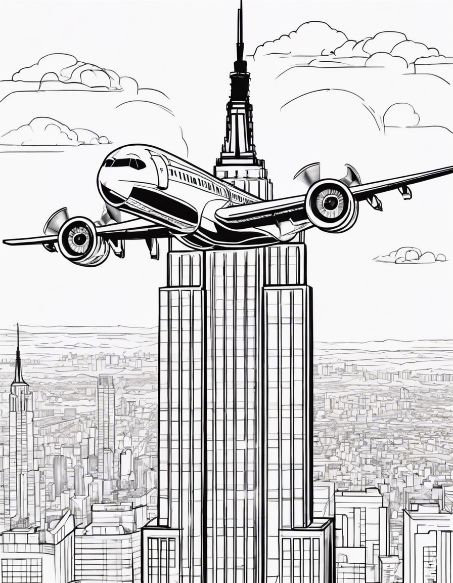 airplane flying around empire state building coloring page