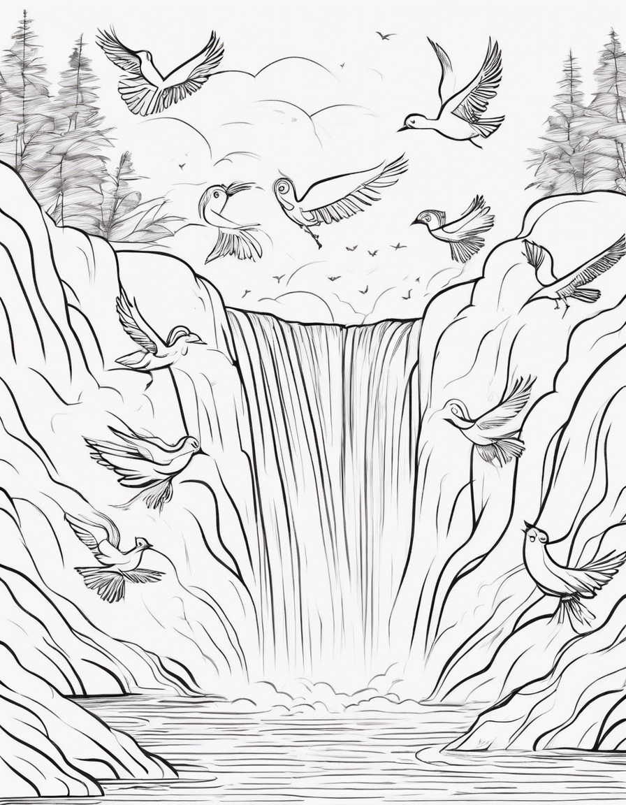 Birds Bathing in Waterfall Mist: Birds flying and bathing in the mist of the waterfall, with playful movements and colorful feathers. coloring page