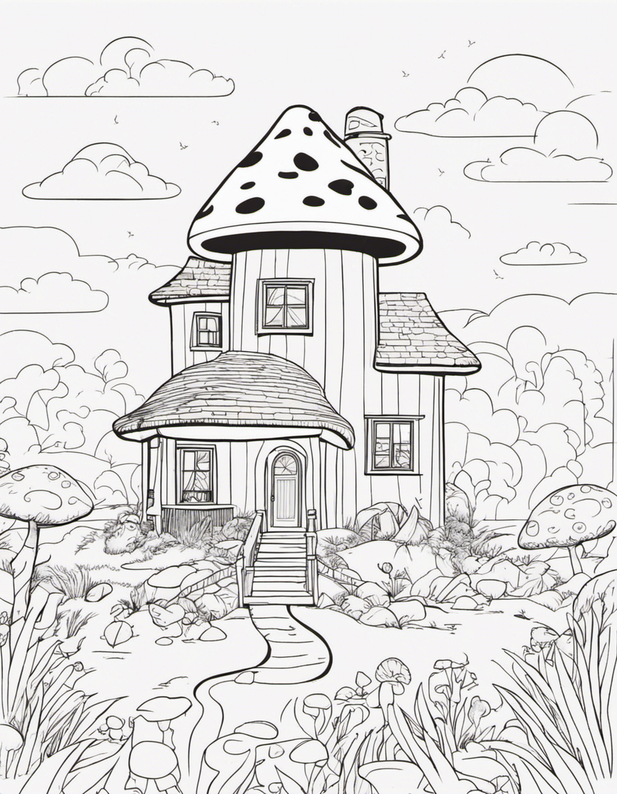 mushroom shaped house, cute, sunset  coloring page