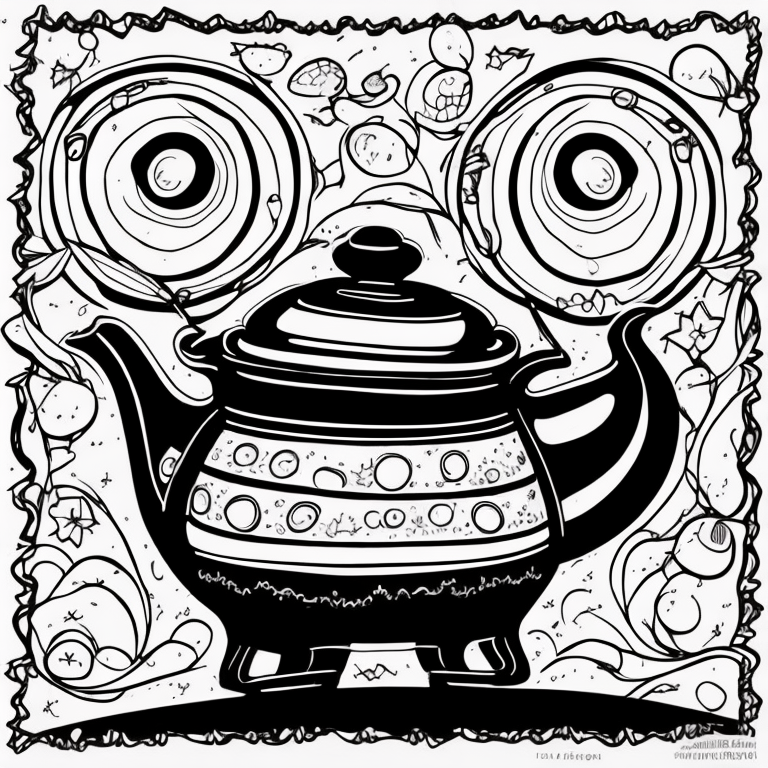 cute dancing teapot and plates on side coloring page