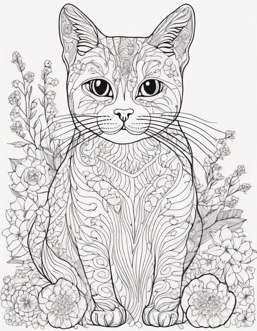 cat zentangle with flowers coloring page