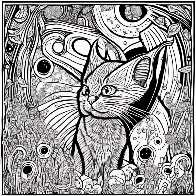 Design an adult coloring page depicting the shadow cat and its cosmic guide stepping into a luminous cavern within the dream realm, adorned with radiant crystals that emanate vibrant energies. Utilize a continuous line drawing style with simple lines, tailored for easy coloring while preserving a realistic touch. Convey a sense of wonder and the potential of infinite knowledge through delicate details and a serene ambiance. Display the image in black and white against a white backdrop, aligning with the aesthetic preferences prevalent on platforms like ArtStation. Ensure a distinct focus and intricate arrangement, offering colorists an immersive and illuminating coloring journey. coloring page