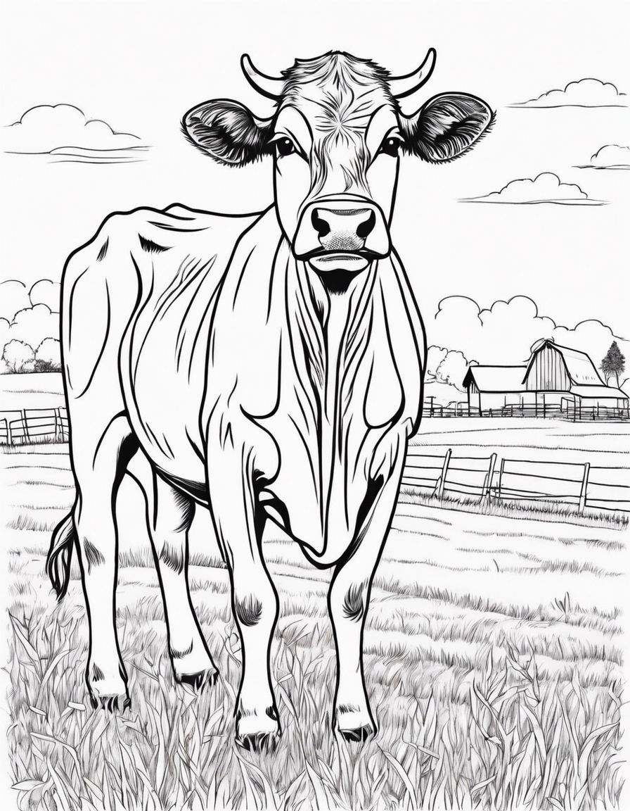 coloring book cover 8 by 11 of a cow on a farm on a sunny day coloring page