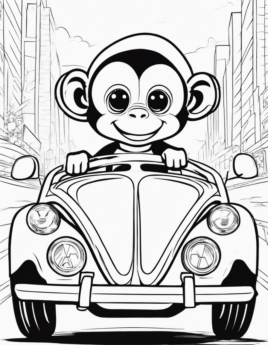 a cute monkey driving a volkswagen new beetle RSI, waving as he goes coloring page