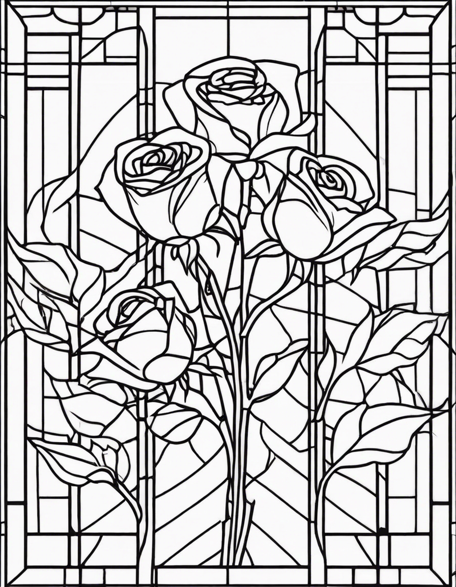 Square stained glass window with roses coloring page