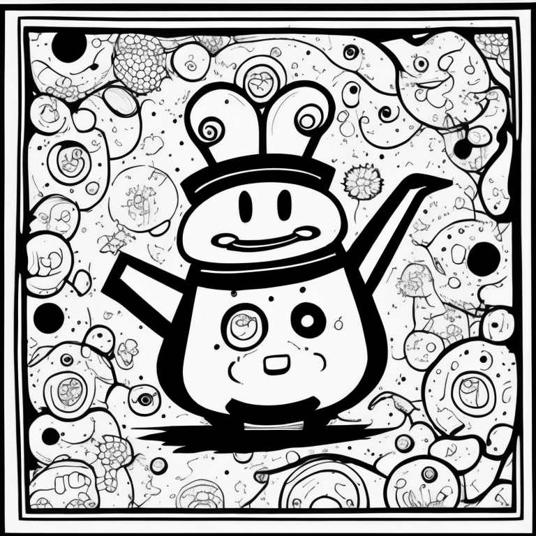 cute dancing teapot and plates on side coloring page