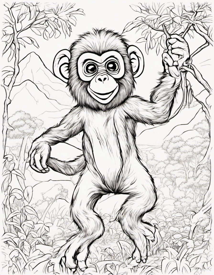 Create a captivating coloring page featuring Tamba, the mischievous monkey, swinging from tree branches in the African Savanna. Illustrate his playful antics and the lessons he learns about responsibility and friendship. Add vibrant details to showcase Tamba's adventurous journey and capture the essence of the story's important themes. Let imaginations run wild with colors as young artists bring Tamba's world to life on this exciting coloring page in black and white, In the style of Carl Barks, Jagged lines, High Detail, Geometric background, Black and white, No Shading coloring page