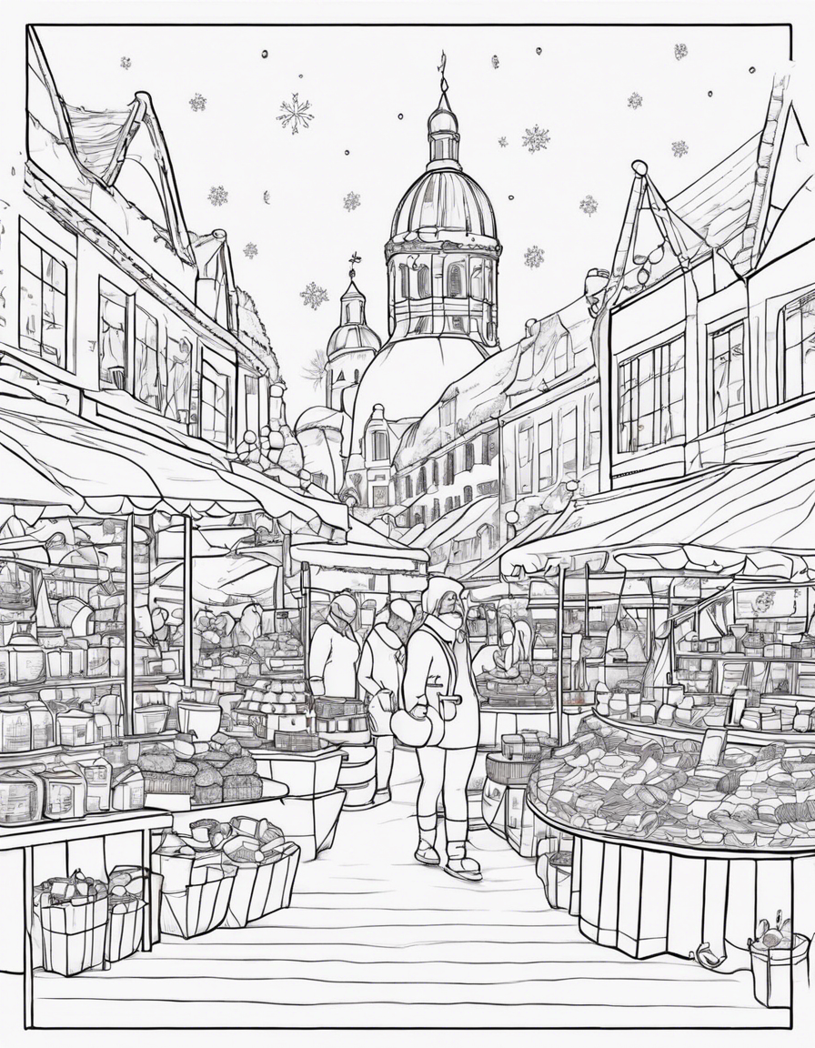 Illustrate a coloring page of a winter market with stalls selling hot cocoa, snow globes, and holiday treats. Choose a minimalist and modern drawing style, emphasizing clean lines and simplicity coloring page