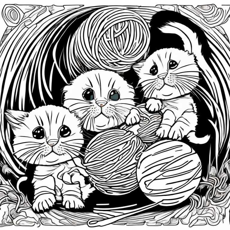 A group of fluffy kittens playing with a ball of yarn coloring page