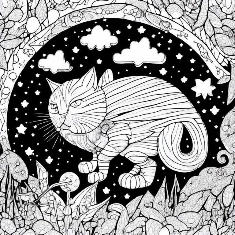 Create an adult coloring page featuring the shadow cat amidst celestial clouds, its wings blending harmoniously with the starry sky