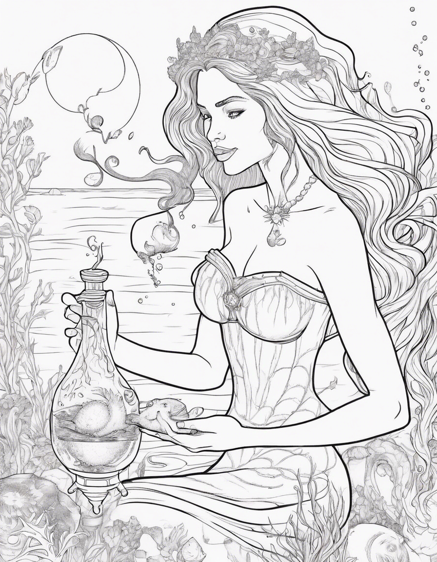 The Sea Witch offering a magical potion to the Little Mermaid coloring book coloring page