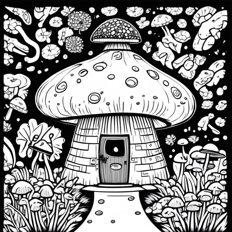 mushroom shaped house, cute coloring page