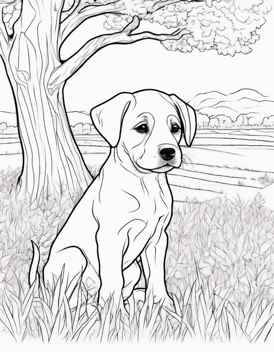 a puppy in a field under a tree coloring page