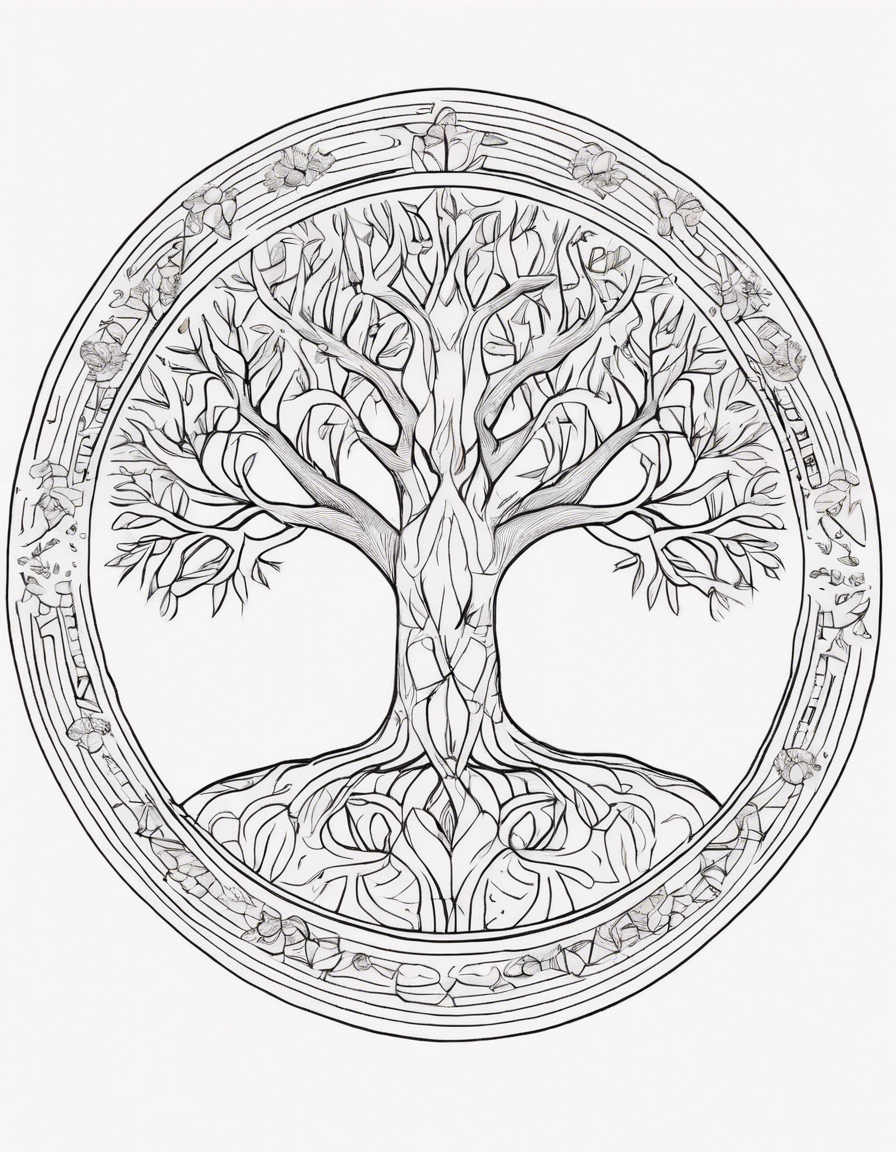 tree of life, large scale, smooth black and white lines coloring page