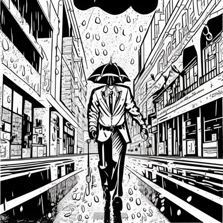 man walks in sin city under rain storm coloring page