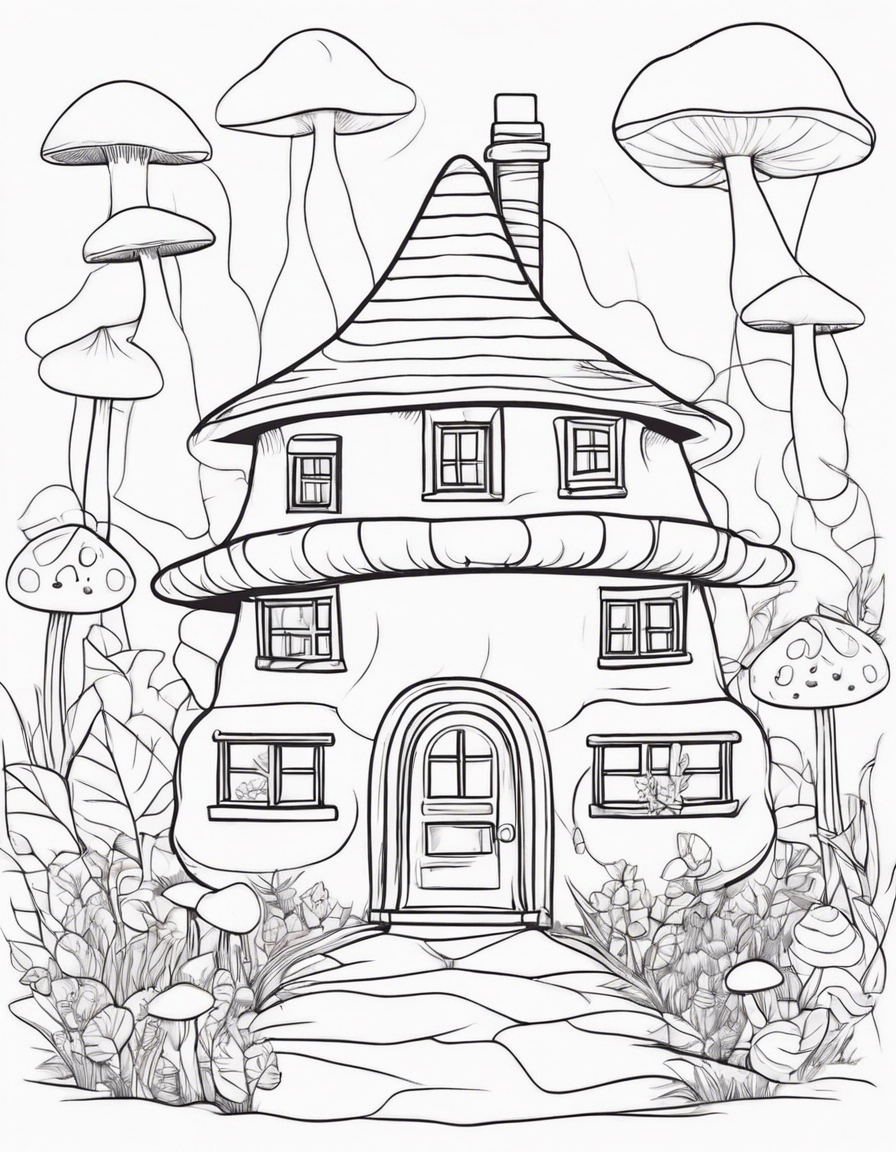 mushroom shaped house, cute coloring page