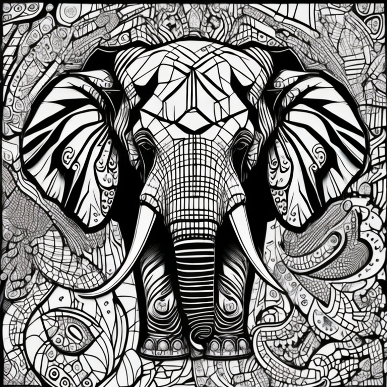 Macro, Geometric, Elephant face built out of 3-dimensional Helical Prism and Paisley shapes coloring page