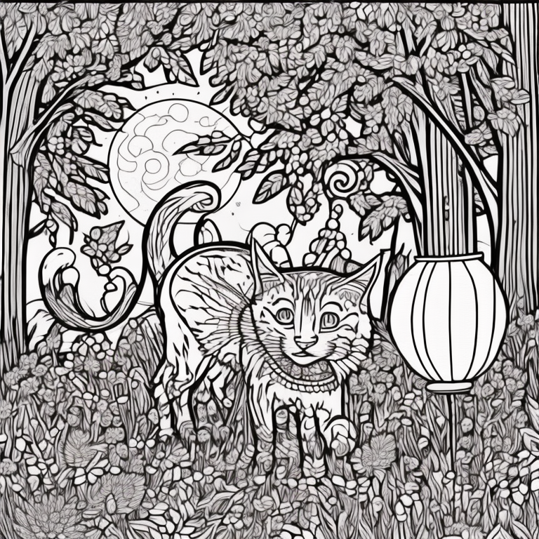 Design an adult coloring page capturing the shadow cat's presence during a tranquil moonlit ceremony. Depict lanterns gently floating on a serene lake, casting a soft reflection. Convey the essence of ancestral spirits guided by lantern light. Craft the scene with intricate details, excluding extra shading or colors for an immersive hand-coloring experience. coloring page