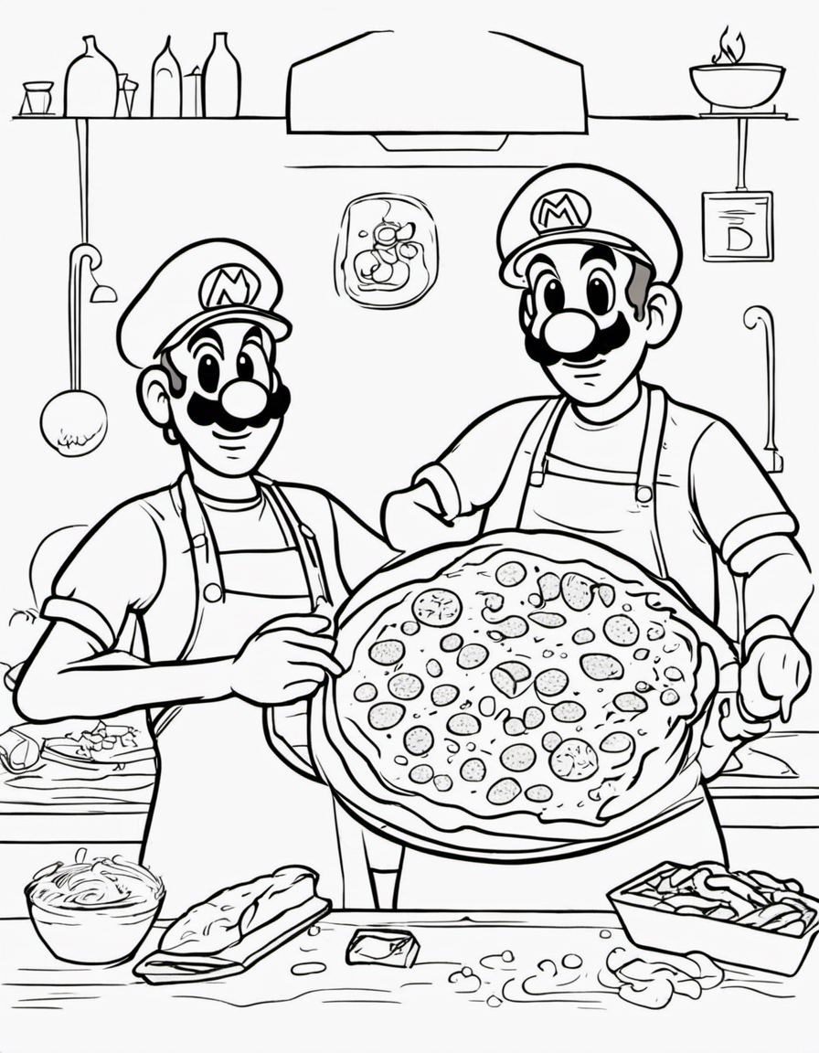 Mario and Luigi making a pizza coloring page