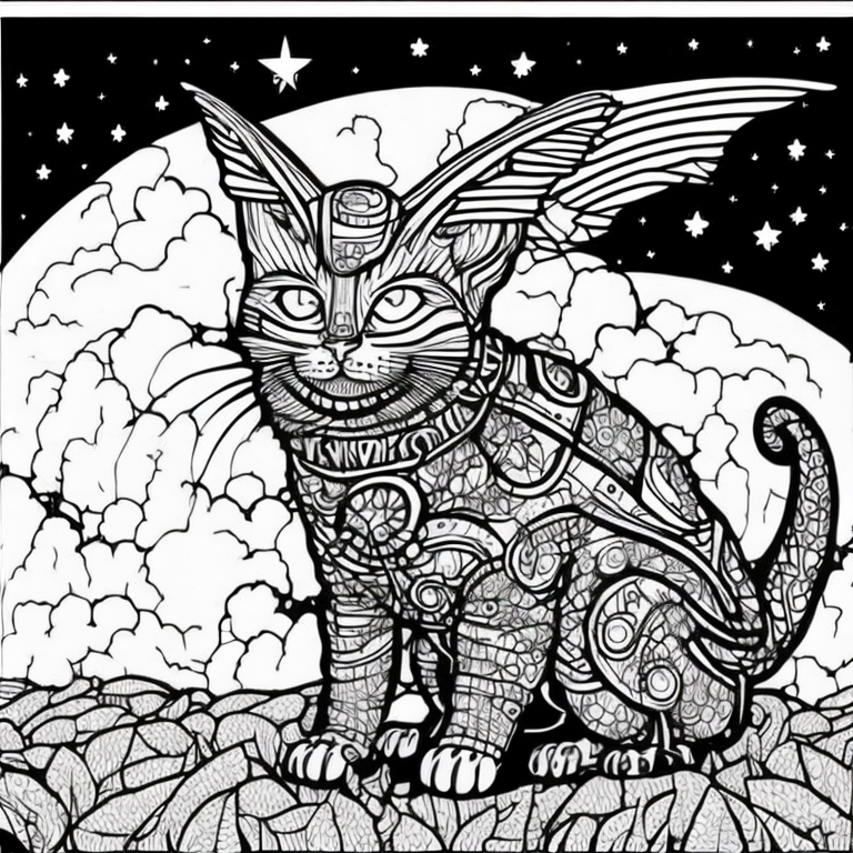 Design an adult coloring page portraying the shadow cat in full night flight, its wings radiating a celestial glow. coloring page