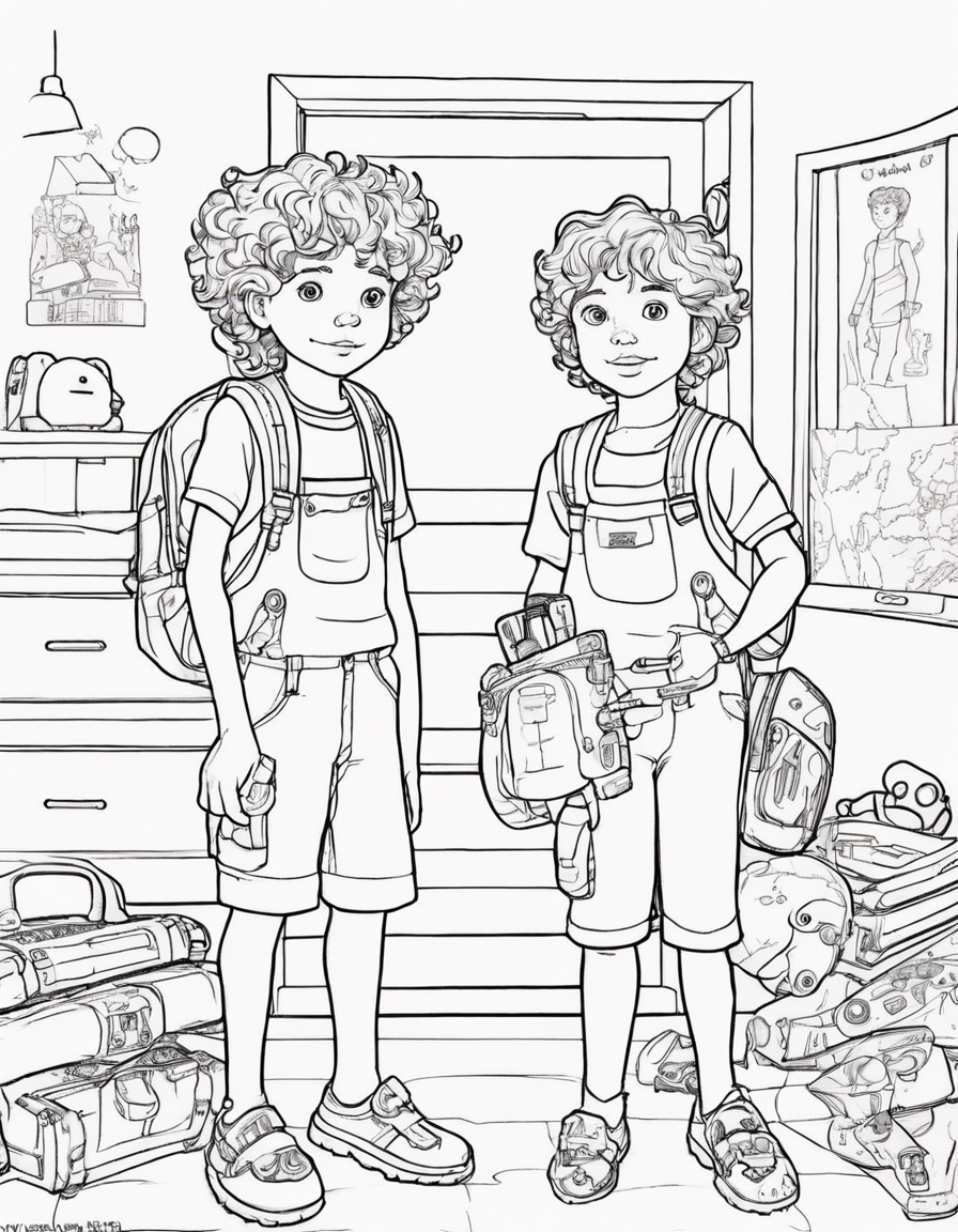 10-year-old twin sister and brother, Leo and Luna, in their bedroom surrounded by toys, looking at a huge map on their bedroom wall. Luna has short curly red hair, wearing pink flip flops and a pair of pink overalls, holding a backpack in one hand and a compass in the other hand. Leo has short curly red hair, wearing a pair of blue overalls and blue flip flops, holding a backpack in one hand and their pet parrot Polly on the other hand.their bedroom wall are covered in posters of different places around the world.Luna and Leo are excited about their next adventure. coloring page