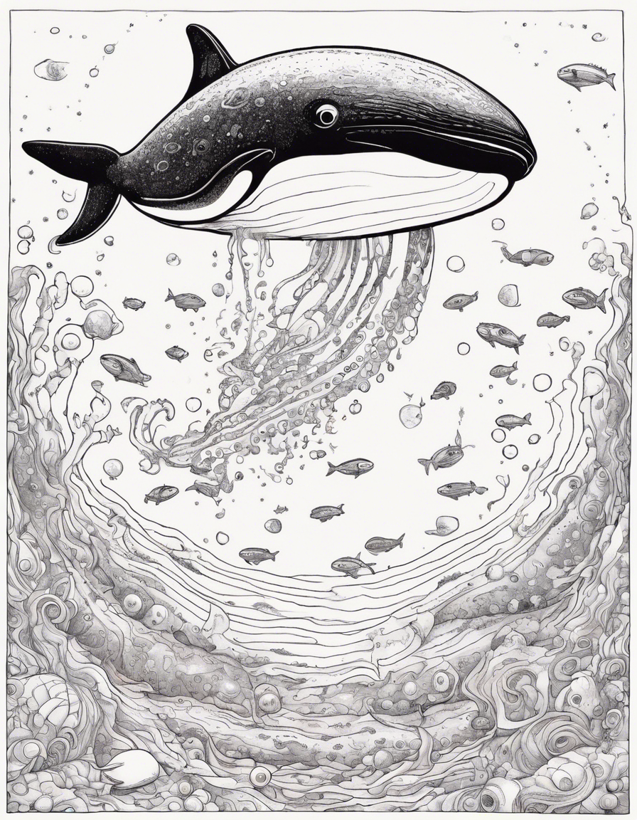  The whale rocket peeks into a swirling black hole, its edges shimmering with rainbow distortion. Strange space fish with neon scales and bubble helmets dance alongside the explorers, weaving in and out of the gravity distortion. They learn a cosmic tango from a giggling black hole creature with eyes like galaxies. coloring page