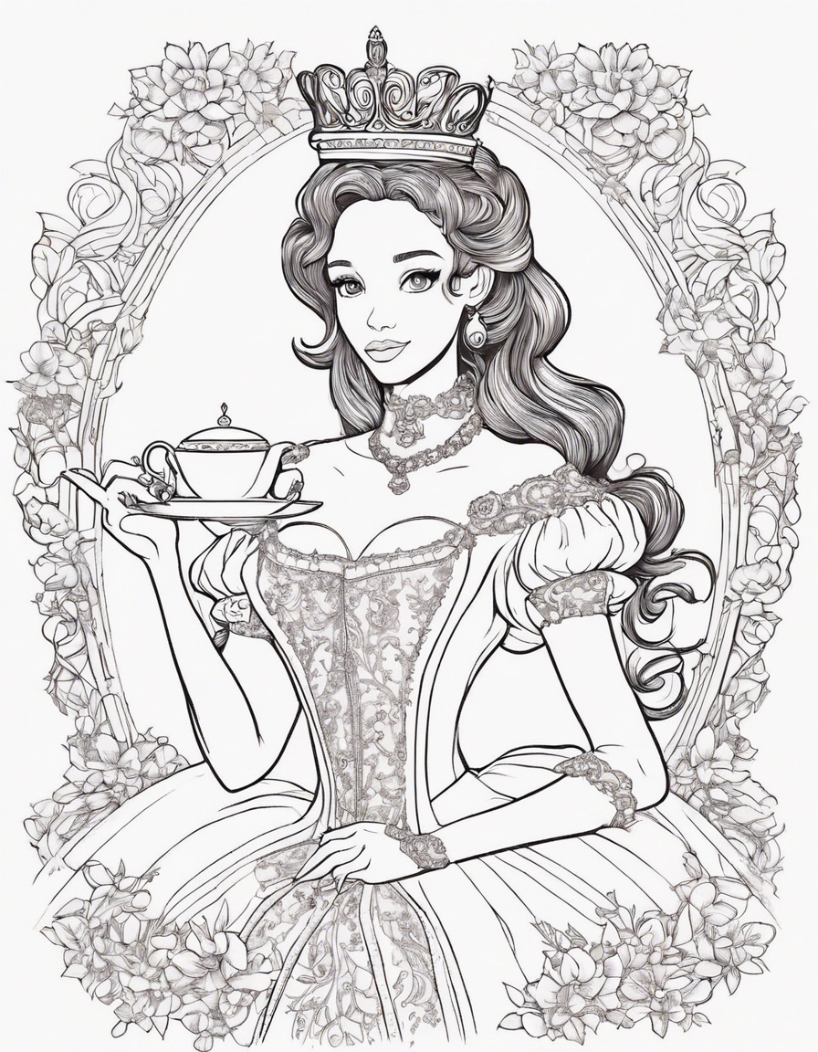 Princess: The central figure of the illustration should be a princess drinking tea or holding a cup. She can be depicted wearing a beautiful gown or dress, with a crown or tiara on her head to signify her royalty. Tea Set: Include a tea set with a teapot, teacup, and saucer. The tea set can be ornate and elegant, reflecting the princess's refined taste. Flowers: The illustration should have an abundance of flowers surrounding the princess. Use a variety of colorful flowers like roses, daisies, tulips, and lilies to create a vibrant and enchanting atmosphere. Tea Party Setting: Create a cozy and picturesque scene by including a table or picnic blanket with a floral tablecloth where the princess can enjoy her tea. Add teacups, plates, and utensils to enhance the tea party ambiance. Nature Elements: Incorporate natural elements like trees, bushes, grass, or a meadow in the background to give the illustration depth and context. This will also complement the princess's surroundings in the flower-filled environment. Butterflies and Birds: To add an extra touch of whimsy, include butterflies fluttering around the flowers or birds perched on branches nearby. This will bring life to the illustration and create a sense of movement. Delicate Details: Pay attention to small details, such as the princess's facial expression, hair, and clothing details. Add intricate patterns to her attire or jewelry to make her look regal and elegant. Soft Color Palette: Opt for a soft and pastel color palette to maintain a gentle and dreamy atmosphere. Light pinks, purples, and blues can be used for the princess's dress and the flowers, while greens and browns can be used for the natural elements. Error-Free Execution: Ensure that the design is meticulously executed, with clean lines, smooth color transitions, and attention to proportion and perspective. Avoid any glaring errors or inconsistencies that may distract from the overall beauty of the illustration. coloring page