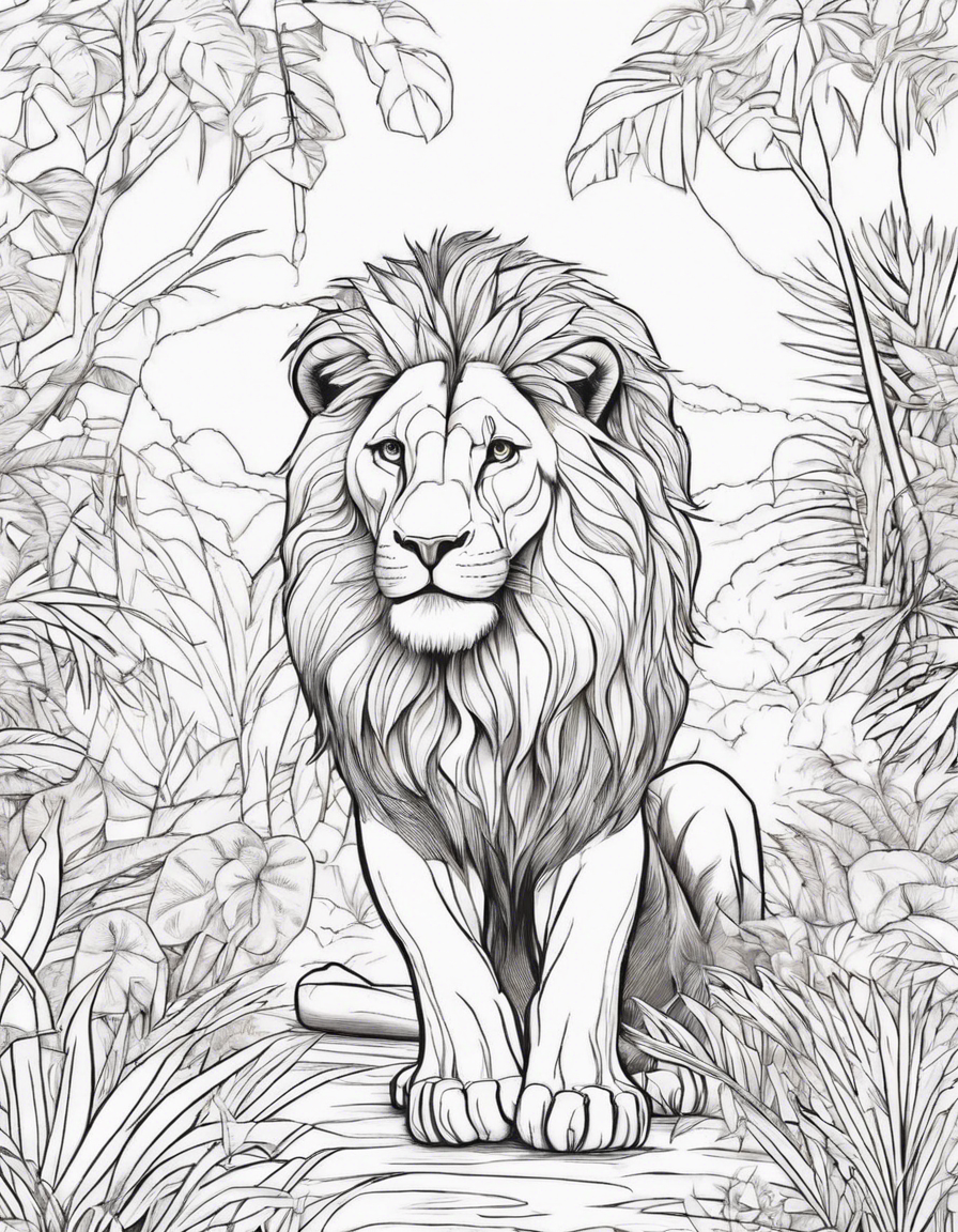 Lion in a jungle coloring page