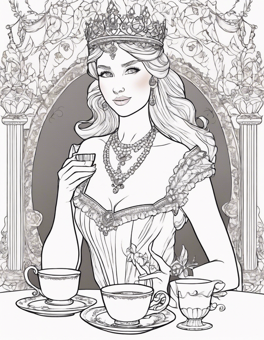 Princess: The central figure of the illustration should be a princess drinking tea or holding a cup. She can be depicted wearing a beautiful gown or dress, with a crown or tiara on her head to signify her royalty. Tea Set: Include a tea set with a teapot, teacup, and saucer. The tea set can be ornate and elegant, reflecting the princess's refined taste. Flowers: The illustration should have an abundance of flowers surrounding the princess. Use a variety of colorful flowers like roses, daisies, tulips, and lilies to create a vibrant and enchanting atmosphere. Tea Party Setting: Create a cozy and picturesque scene by including a table or picnic blanket with a floral tablecloth where the princess can enjoy her tea. Add teacups, plates, and utensils to enhance the tea party ambiance. Nature Elements: Incorporate natural elements like trees, bushes, grass, or a meadow in the background to give the illustration depth and context. This will also complement the princess's surroundings in the flower-filled environment. Butterflies and Birds: To add an extra touch of whimsy, include butterflies fluttering around the flowers or birds perched on branches nearby. This will bring life to the illustration and create a sense of movement. Delicate Details: Pay attention to small details, such as the princess's facial expression, hair, and clothing details. Add intricate patterns to her attire or jewelry to make her look regal and elegant. Soft Color Palette: Opt for a soft and pastel color palette to maintain a gentle and dreamy atmosphere. Light pinks, purples, and blues can be used for the princess's dress and the flowers, while greens and browns can be used for the natural elements. Error-Free Execution: Ensure that the design is meticulously executed, with clean lines, smooth color transitions, and attention to proportion and perspective. Avoid any glaring errors or inconsistencies that may distract from the overall beauty of the illustration. coloring page