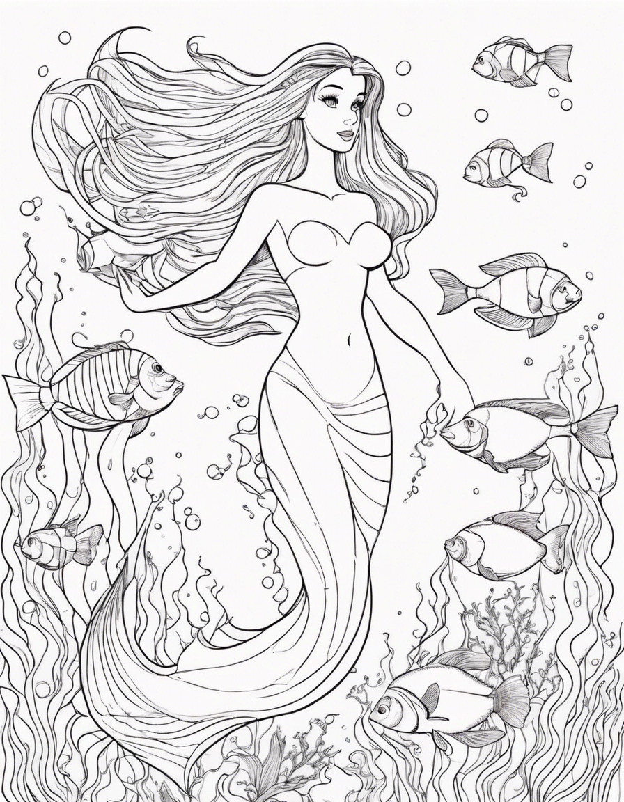 The Little Mermaid swimming in the sea with colorful fish. coloring page