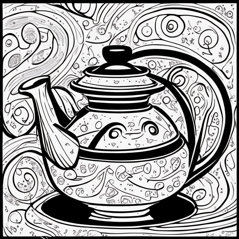 cute dancing teapot and plates on side coloring page