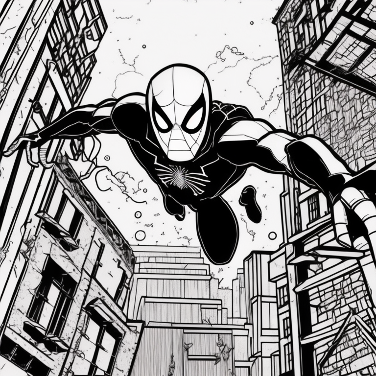 Spider-Man flying through buildings coloring page