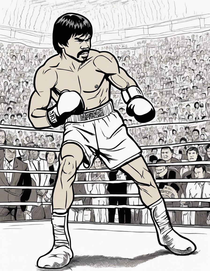 A brave and determined black and white line art illustration of 16-year-old Manny Pacquiao in his professional boxing debut. Manny is shown in the ring, facing off against his opponent, with his courage and ambition radiating from his determined expression. The crowd is shown in the background, some cheering him on, others unsure of what to make of this young up-and-coming boxer. The line art is suitable for coloring, with brave and hopeful details that invite colorists to add their own sense of inspiration and excitement to the image. This coloring page captures the first steps in Manny Pacquiao's legendary boxing career, and invites colorists to join him in the ring as he takes the courageous leap into the world of professional boxing." coloring page