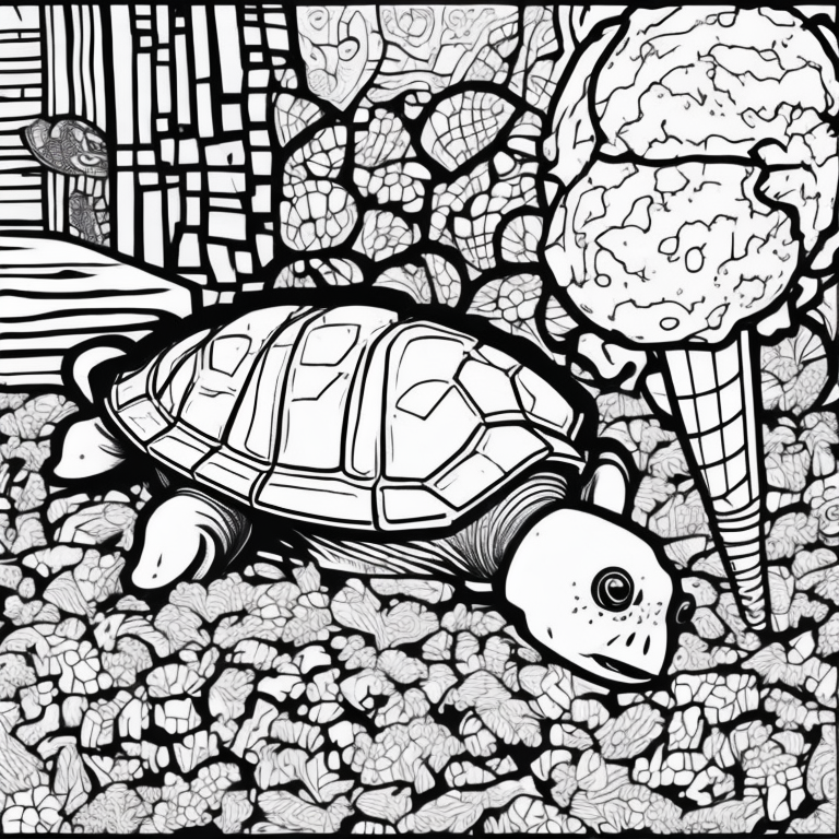 clean coloring book page of a  turtle eating ice cream detailed, black and white coloring page