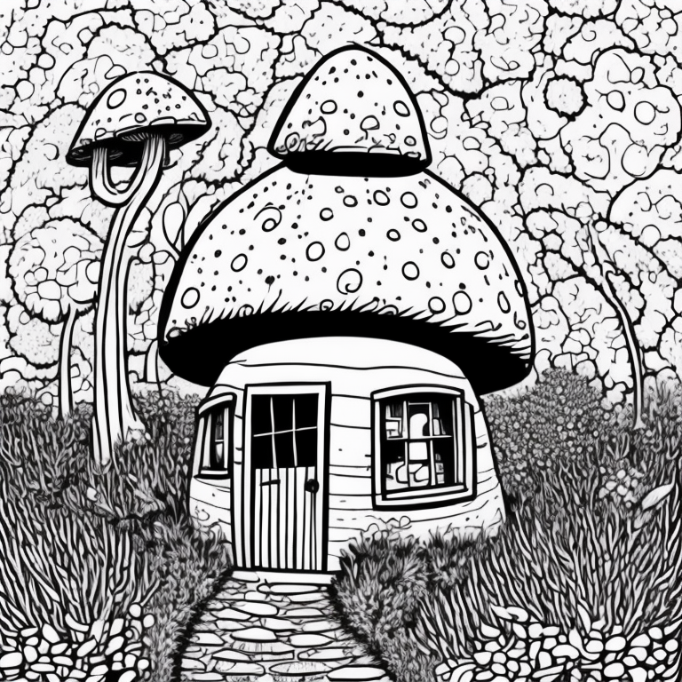 mushroom shaped house, cute coloring page