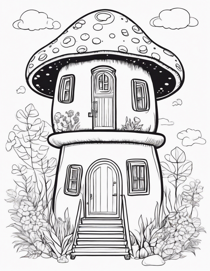 mushroom shaped house, cute coloring page