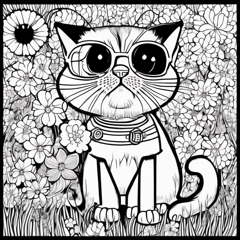 "Cat playing in the springtime with flowers", cartoon style, low detail. thick lines, no shading -- ar 9:11