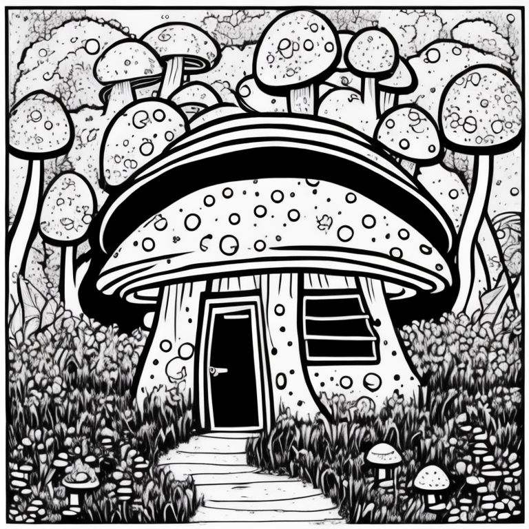 mushroom shaped house, cute coloring page