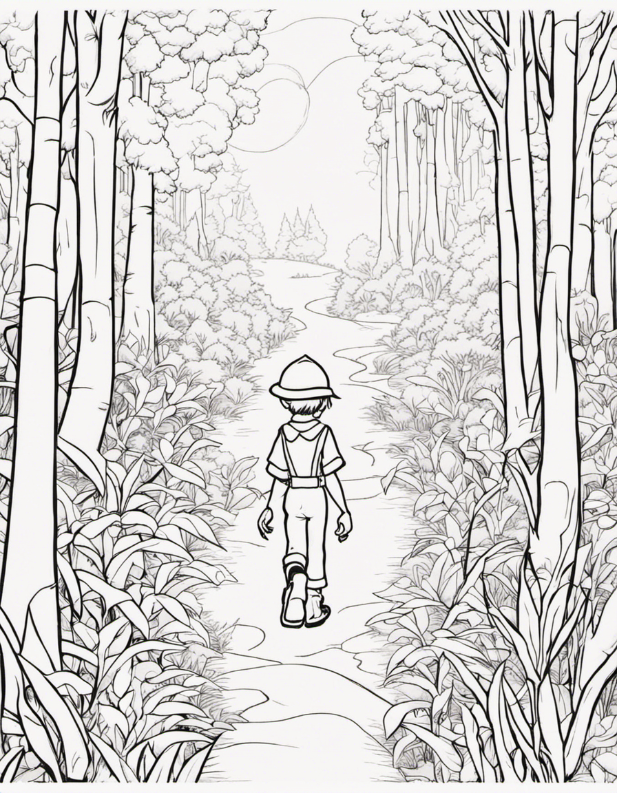 Pinocchio walking in the forest coloring page